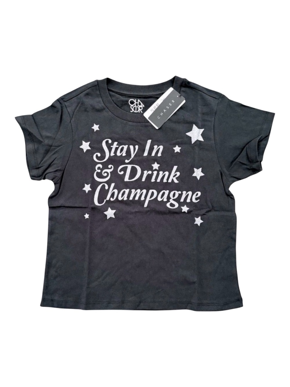 Chaser Stay In Drink Champagne Graphic Tee Women XS Black NWT